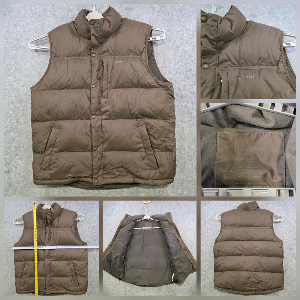 LL Bean Vest Mens 2XLT Brown Down Puffer Full Zip Nylon Insulated Outdoor Hiking